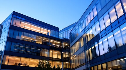 Fototapeta premium Modern office building illuminated at dusk with glass windows : Generative AI
