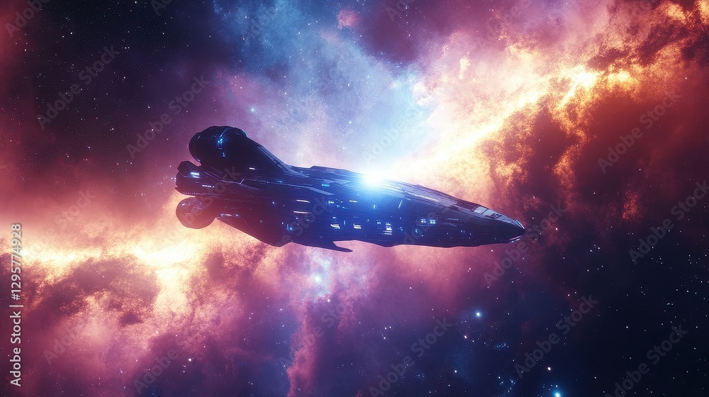 Wall mural futuristic spaceship gliding through colorful nebula in deep space
