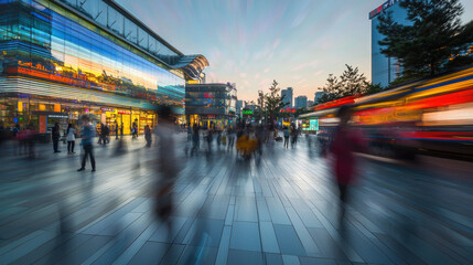 Fototapeta premium Busy city street at sunset with blurred motion of pedestrians and vehicles, reflecting vibrant lights on modern glass buildings