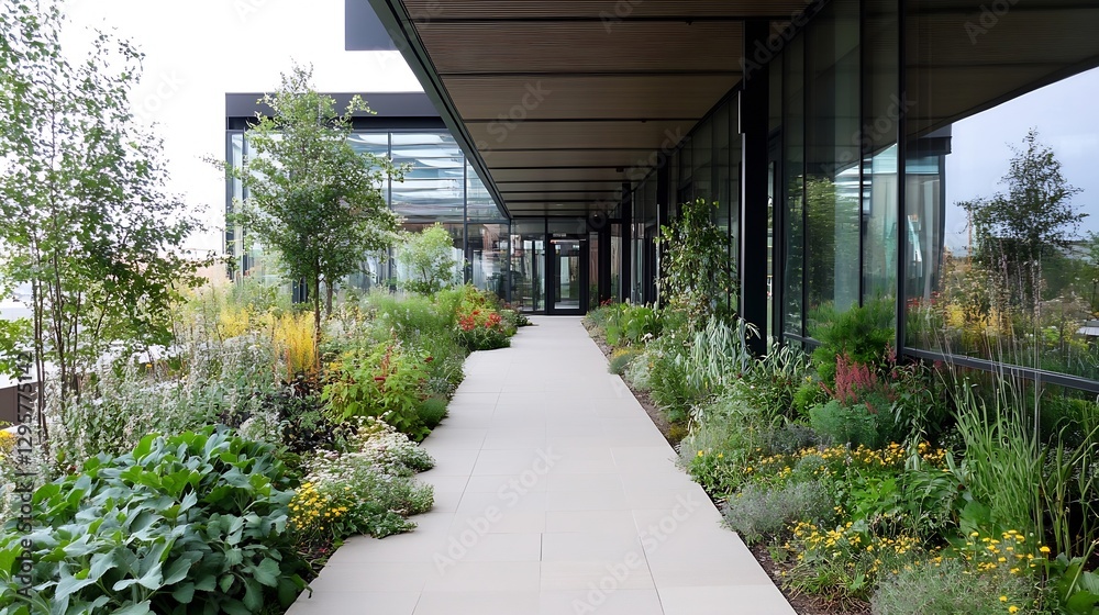 Poster lush green garden pathway surrounded by trees and flowers under modern architecture : generative ai