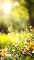 Fototapeta premium Serene spring landscape with colorful flowers glowing in sunlight amidst nature s beauty