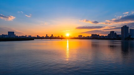 Fototapeta premium Breathtaking Sunset Over City Skyline Reflecting on Calm Water for Urban Landscapes and Evening Vibes : Generative AI