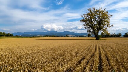 Golden Autumn Landscape with a Stately Tree Among Vast Fields and Majestic Mountains in the Distance : Generative AI