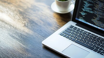Overhead view of a modern laptop with code on the screen and a cup of coffee on a wooden table : Generative AI