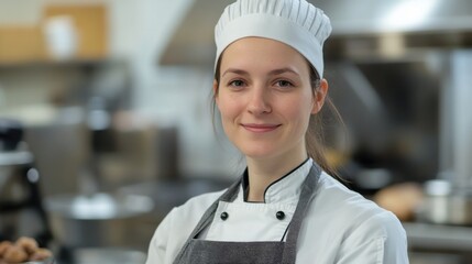 Professional female chef smiling confidently in a modern kitchen setting, wearing a chef's hat and apron, showcasing culinary skills and passion for cooking