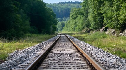 Fototapeta premium Scenic View of Train Tracks Surrounded by Lush Green Forest on a Sunny Day : Generative AI