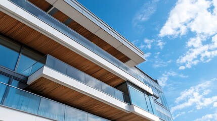 Fototapeta premium Modern Architectural Design of a Balcony with Bright Blue Sky and White Clouds in the Background : Generative AI