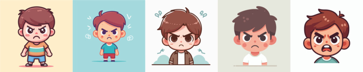 set of angry boy character vectors