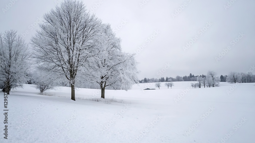 Poster serene winter landscape with snow-covered trees and fields : generative ai