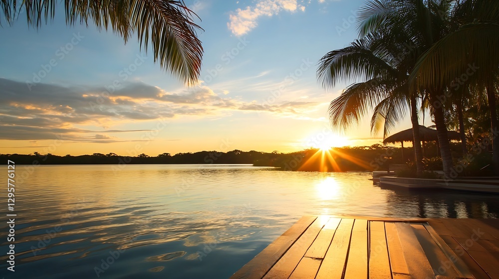 Poster serene sunset over calm lake with palm trees in warm tropical setting : generative ai