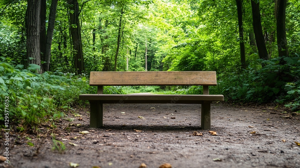 Aufkleber An empty wooden bench inviting reflection in a lush green forest pathway setting : Generative AI
