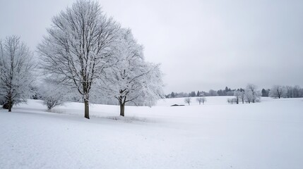 Serene Winter Landscape with Snow-Covered Trees and Fields : Generative AI