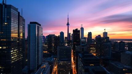 Dramatic City Skyline Silhouetted Against a Colorful Dusk Sky : Generative AI