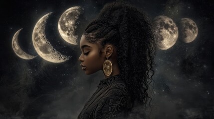 3d 3d Celestial goddess with glowing moon phases surrounding her, soft cosmic lighting, ethereal vibes