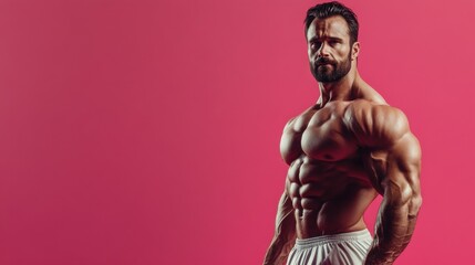 Handsome muscular man in fitness outfit over pink background with copy space, banner. generative ai