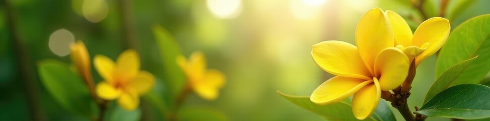 Frangipani flowers swaying gently in the breeze and sunlight, frangipani flower, yellow, greenery