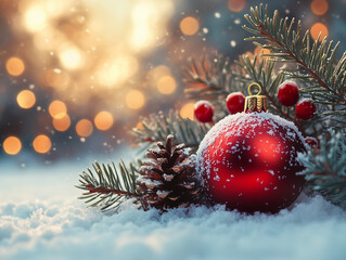 Snowy fir tree backdrop, New Year greeting card