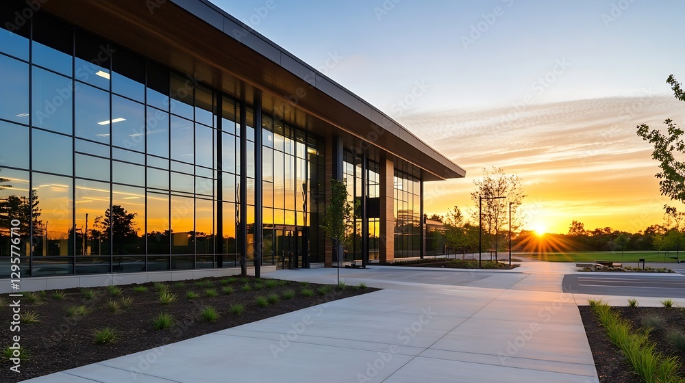Poster modern architectural design with glowing sunset reflections in glass facade and clear pathway : gene