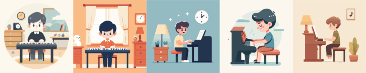 vector set of boys playing the piano