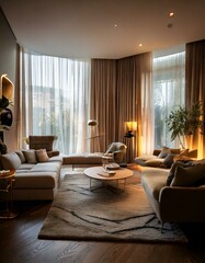 Fototapeta premium A minimalist smart home living room where curtains, lighting, and furniture adjust dynamical