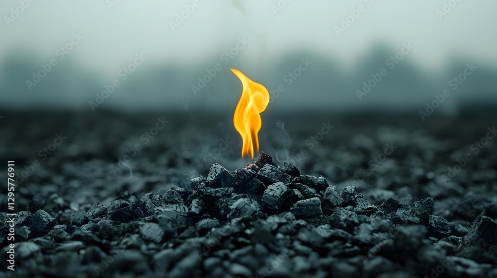 Aufkleber Close up of a single flame rising from a bed of glowing coals with swirling smoke creating a moody atmospheric ambiance around the isolated fiery source of heat and light