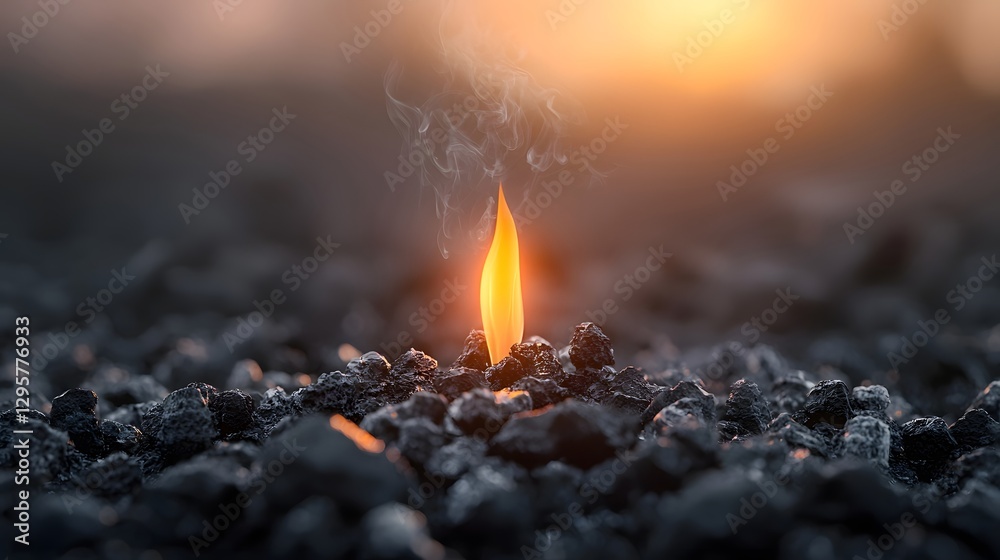 Poster Close up of a single flame rising from a bed of glowing coals with swirling smoke around it creating a fiery and radiant visual effect