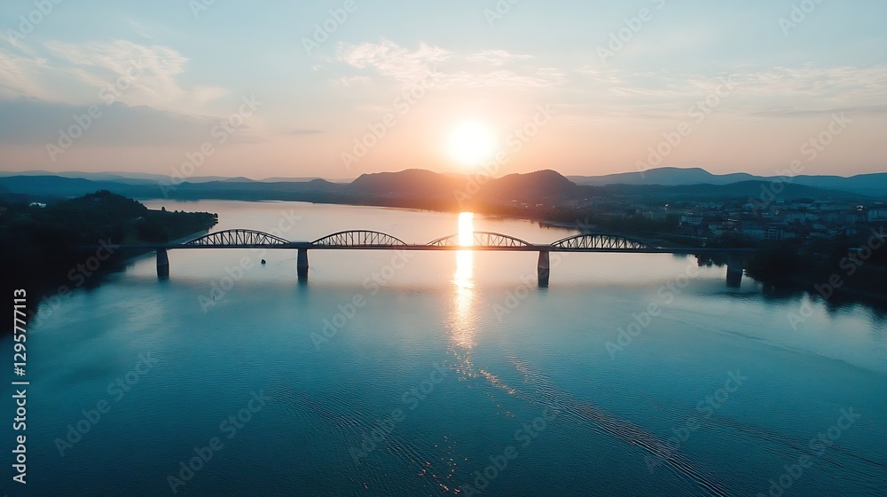 Poster stunning sunset over a bridge reflecting on calm waters at dusk : generative ai