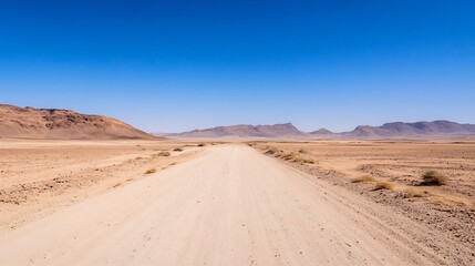 Desert Road Leading Through Vast Dry Landscape Under Clear Blue Sky : Generative AI