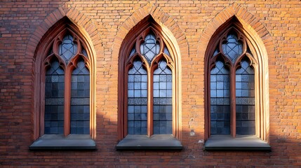 Fototapeta premium Gothic Style Windows Framed by Red Brick Wall on Historic Building : Generative AI