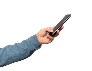 Cutout man's hand holding black mobile phone.