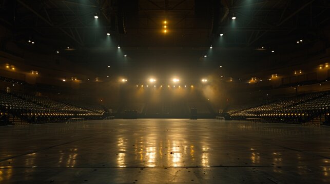 Illuminated seating in an empty mma arena showcasing a clear view of the main stage area