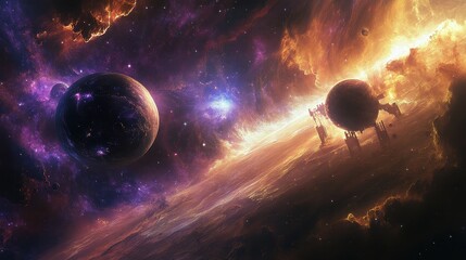 Obraz premium Cosmic Landscape with Celestial Bodies and Nebula Background
