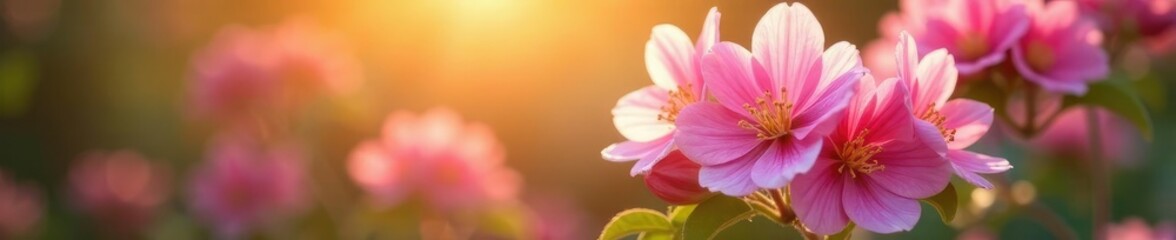 Obraz premium Gentle morning light highlights pink flower clusters, botanical, blossoming, flowers