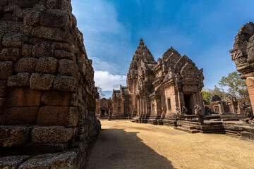 Ancient architecture Phanom Rung temple Sand Stone Castle enshrined of Lintel depicting God Vishnu...