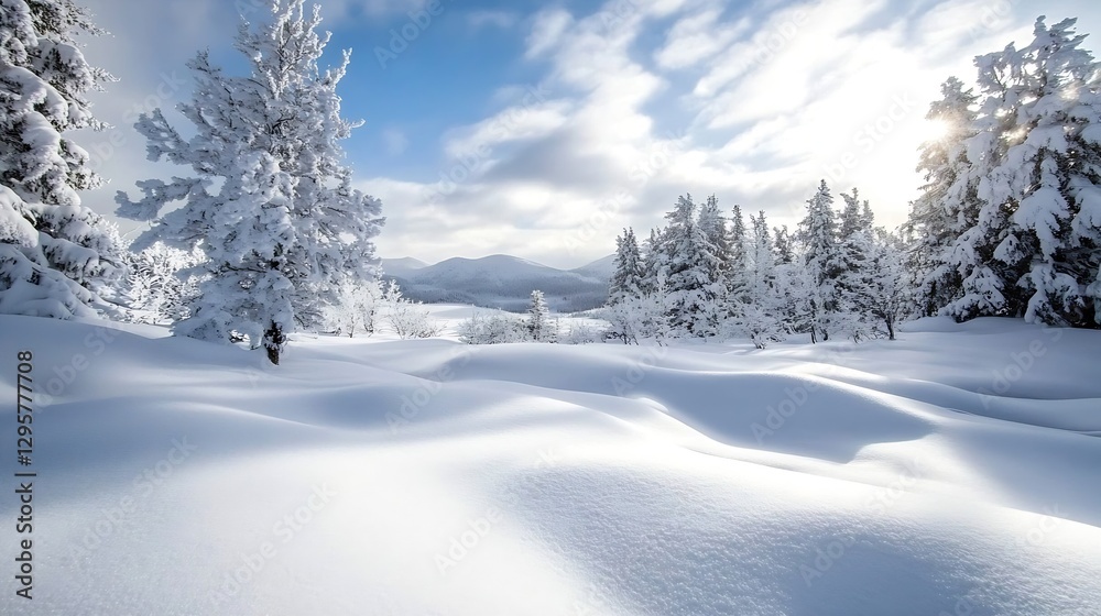 Poster winter wonderland scene with freshly fallen snow on trees and hills : generative ai