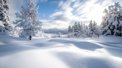Fototapeta premium Winter Wonderland Scene with Freshly Fallen Snow on Trees and Hills : Generative AI