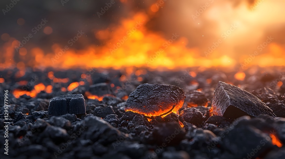 Poster close up of glowing charcoal embers arranged in a geometric pattern emitting a warm orange red glow 
