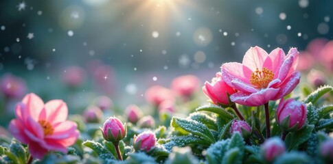 Gentle snowflakes falling on a garden full of blossoms, frosty, petals, garden