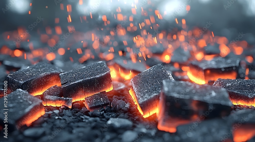 Poster close up of glowing charcoal embers arranged in a geometric pattern emitting a warm orange red glow 