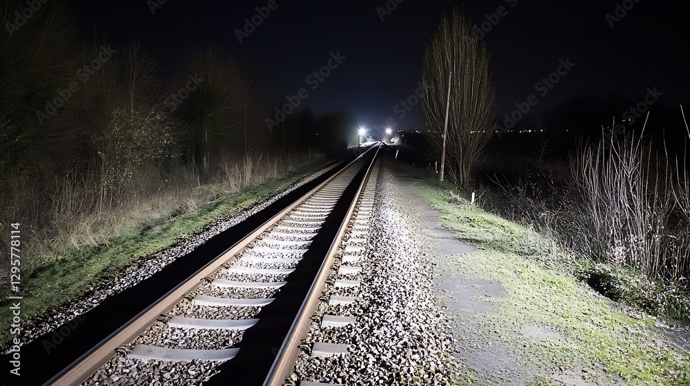 Poster peaceful night scene with train tracks illuminated by soft lights in the distance : generative ai
