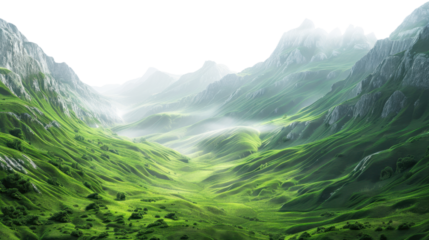 Green valley surrounded by majestic mountains with transparent background
