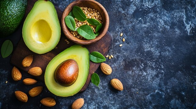 Fresh Avocado with Nuts, Seeds, and Natural Ingredients Display