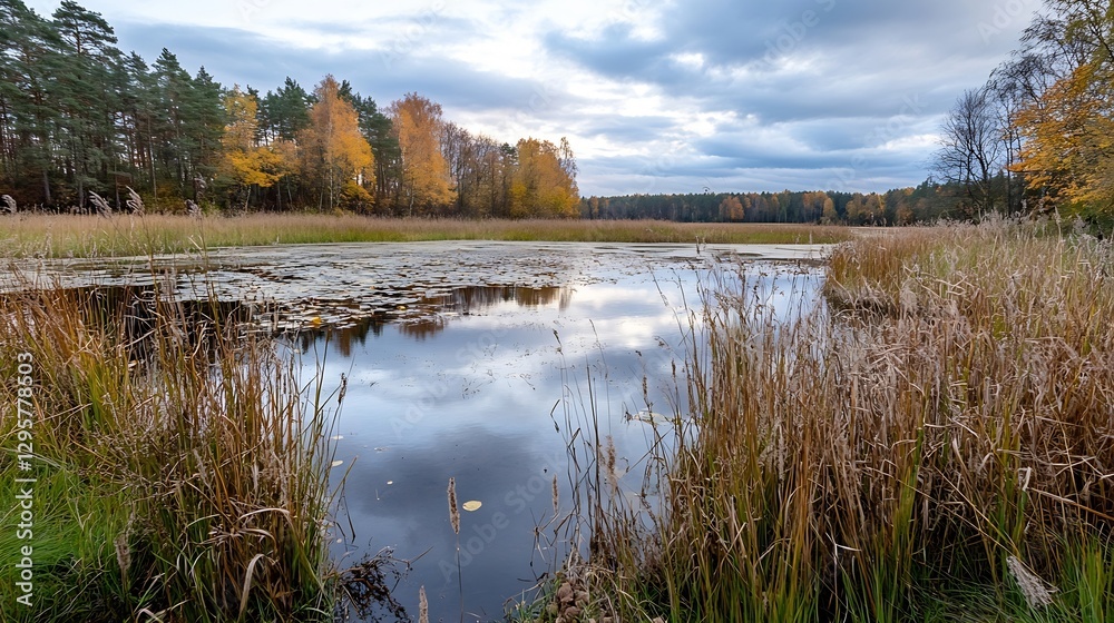 Poster peaceful autumn landscape of calm lake surrounded by golden trees and cloudy sky : generative ai