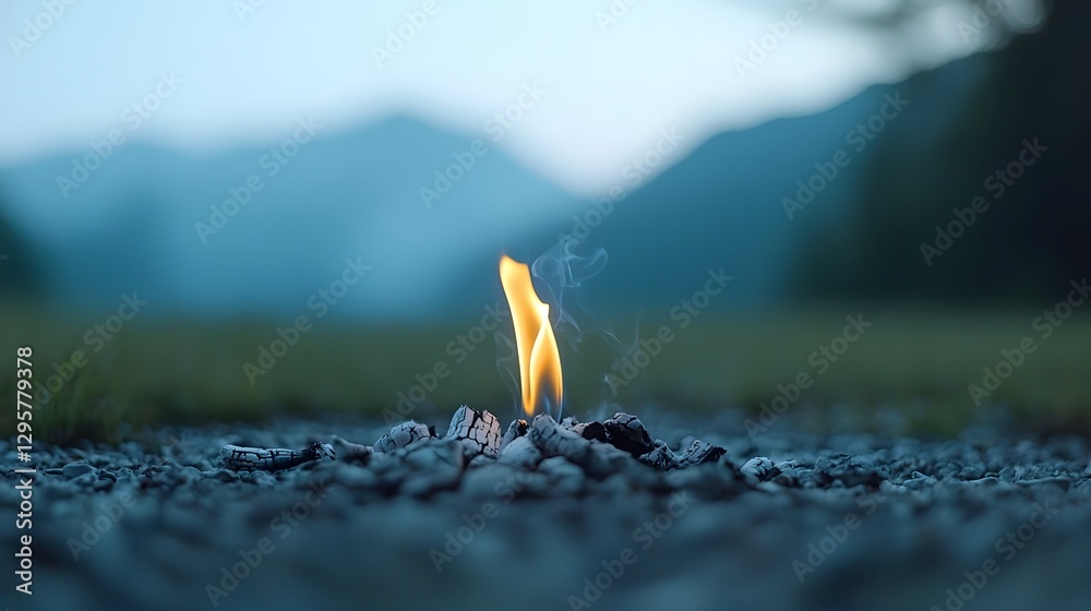 Aufkleber close up view of a single flame flickering and rising from a bed of glowing embers surrounded by swi