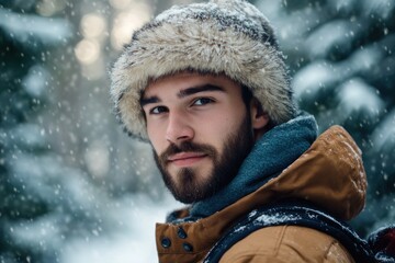 Fototapeta premium Young man in winter with fur and hood posing for the camera.