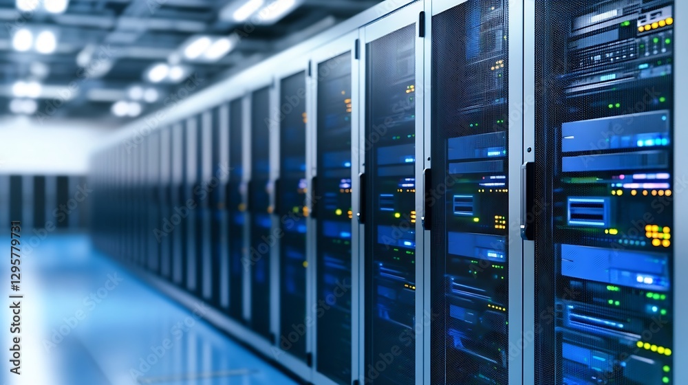 Poster High Tech Data Center with Server Racks Illuminated in Blue Light : Generative AI