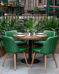 Outdoor dining table and chairs in a lush urban garden setting