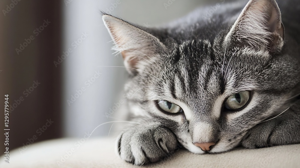 Poster close up of a grey tabby cat resting peacefully with dreamy eyes on a soft surface : generative ai