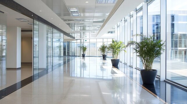 Bright and airy modern office interior featuring glass walls and indoor plants for a refreshing atmosphere : Generative AI