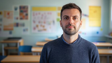Obraz premium Portrait of a male teacher in a classroom setting with educational materials and empty desks providing a modern learning environment